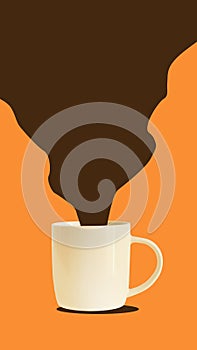 Flow of coffee from coffee cup on orange background. Concept of drink, taste, art, colorful design. Vertical poster