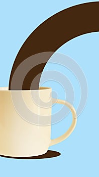 Flow of coffee to the coffee cup on blue background. Concept of drink, taste, art, colorful design. Vertical poster