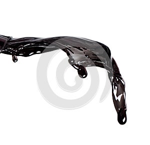 Flow of Crude Oil gasoline pour down over white background isolated. Black water liquid fall down line. Black Ink, Coffee drink
