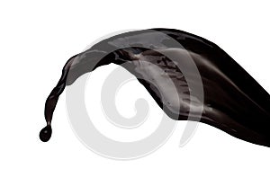 Flow of Crude Oil gasoline pour down over white background isolated. Black water liquid fall down line. Black Ink, Coffee drink