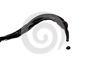 Flow of Crude Oil gasoline pour down over white background isolated. Black water liquid fall down line. Black Ink, Coffee drink