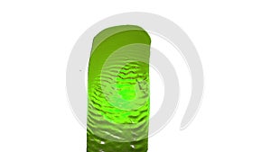 Flow of green liquid like juice splattering on white background and dripping down over white. 3d render with alpha mask