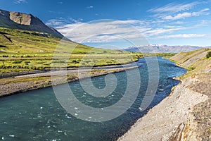The flow of Horga river in Horgarsveit municipality of North central Iceland,