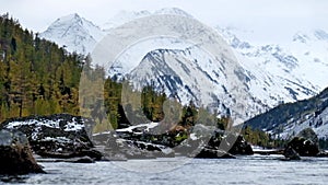 Flow between lakes Middle and Lower Multinskoe lakes in the Altai Mountains