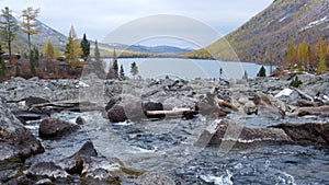 Flow between lakes Middle and Lower Multinskoe lakes in the Altai Mountains