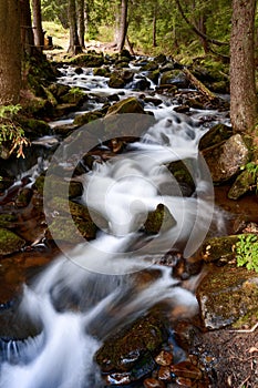 The flow of a mountain river, the blurred movement of water along the riverbed.