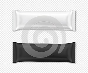 Flow package mockup. Vector realistic illustration of chocolate bar wrapper pack, in white and black color, top view