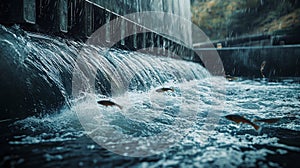 Flow of Water from Dam to River with Fish photo