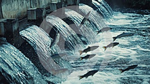Flow of Water from Dam to River with Fish photo