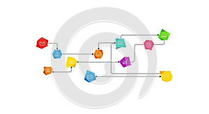Flowchart featuring multicolored hexagons, each displaying a distinct icon,