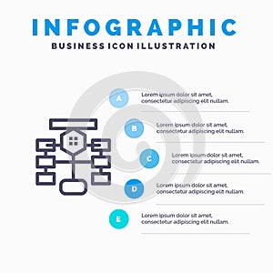 Flowchart, Flow, Chart, Data, Database Blue Infographics Template 5 Steps. Vector Line Icon template