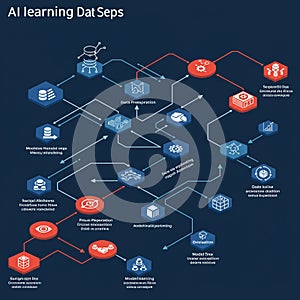 Flowchart illustrating AI learning data steps. Hexagonal nodes with icons represent