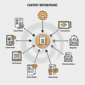 Flowchart illustrating content repurposing. Central icon shows a laptop with user icon,
