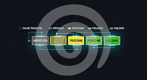 Database transaction workflow process with unprocessed inprocess processing and published stages connected by colored arrows