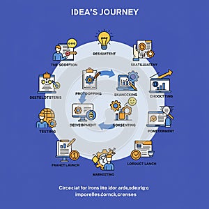 Flowchart illustrating an idea's development process on a blue background. Stages