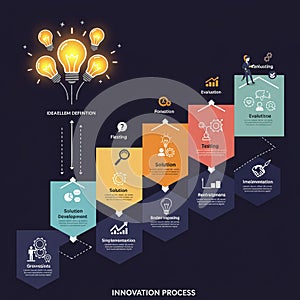 Flowchart illustrating the innovation process with a dark background. It features