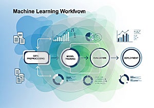 Flowchart illustrating a machine learning workflow. Steps include Data Preprocessing, Model