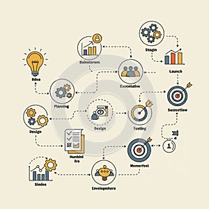 Flowchart illustrating a project development process. Features stylized icons and text
