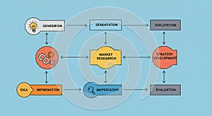 Flowchart illustrating stages of a project process on a blue background. Stages