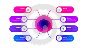 Flowchart infographic business template with 8 steps, options or processes. Central circle with eight rounded elements