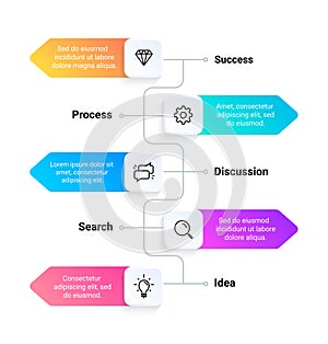 Flowchart. Timeline business infographic template, workflow and option presentation. Vertical step sequence diagram. Project