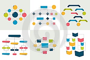 Flowcharts. Set of 6 flow charts schemes, diagrams. Simply color editable.