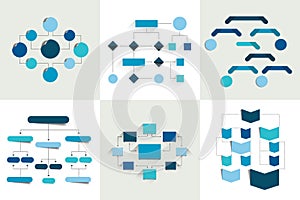 Flowcharts. Set of 6 flow charts schemes, diagrams. Simply color editable. photo