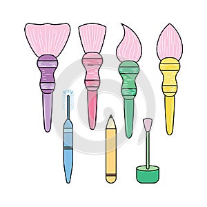 Makeup Brush cosmetics vector illustration, Colored linear style