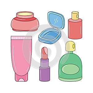 Makeup cosmetics kit vector illustration, Colored linear style