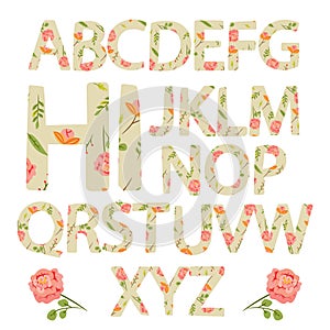 Flower alphabet with rose flowers and leaves. Hand drawn pink cu