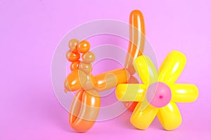 Flower and animal figures made of modelling balloons on color background.