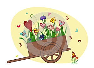 Flower arrangement from blooming hearts in the garden cart.