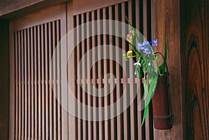 Flower arrangement outside Japanese doors