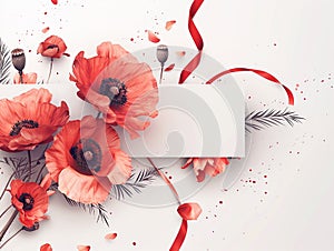 Flower arrangement with red poppies on a white background