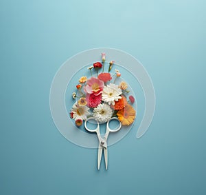 Flower arrangement with scissors on a pastel blue background.