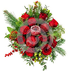 Flower arrangement top view. Red roses bouquet Christmas decoration