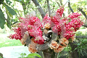 Flower arrangements in vases.