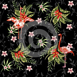 Flower autumm leaf and Pattern Plaid backgroundtropical flowers with flamingo birds pattern white background