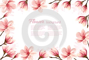 Flower background with a border of pink magnolia blossoms.