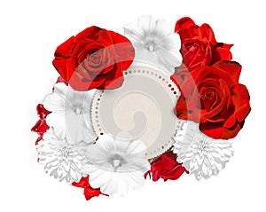 Flower banner. Bright red roses and white mallow, rudbeckia flower and circle of paper in the center.