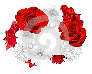 Flower banner. Bright red roses and white mallow, rudbeckia flower on white background
