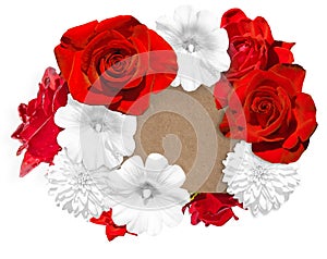 Flower banner. Bright red roses and white mallow, rudbeckia flower on white background