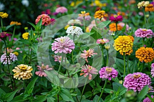 In a flower bed in a large number various zinnias grow and blossom