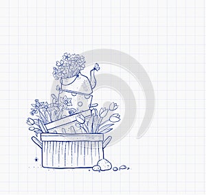 Flower bed made of old cooking pots and kettle. Doodle garden decoration on lined paper background