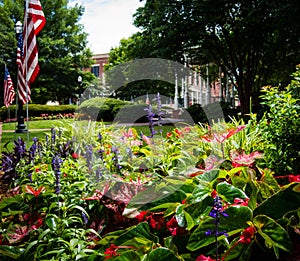 Flower bed and pavillon at Marietta Square in Georgia decorated for Independence Day