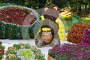 Flower beds in a shape of bear eating honey among different fruits with colorful chrysanthemums. Parkland in Kiev, Ukraine.