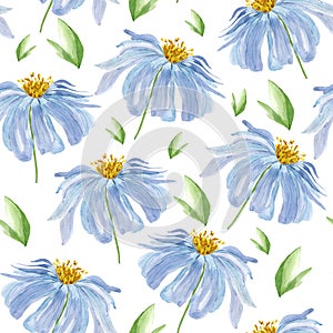 Flower with big blue petals and yellow heart watercolor seamless pattern