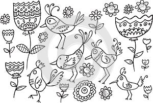 Flower Bird Doodle Set