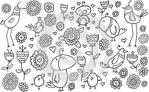 Flower Bird Doodle Set