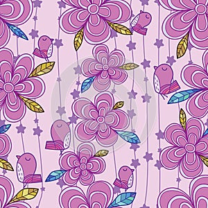 Flower bird vertical star flower purple color seamless pattern